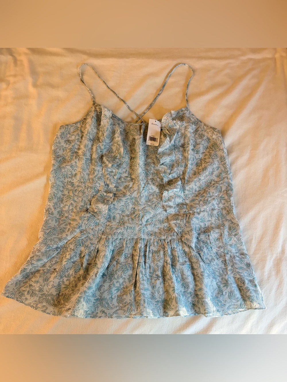 NWT Banana Republic 100% Silk Blue Floral Ruffle Tank Top Camisole Large